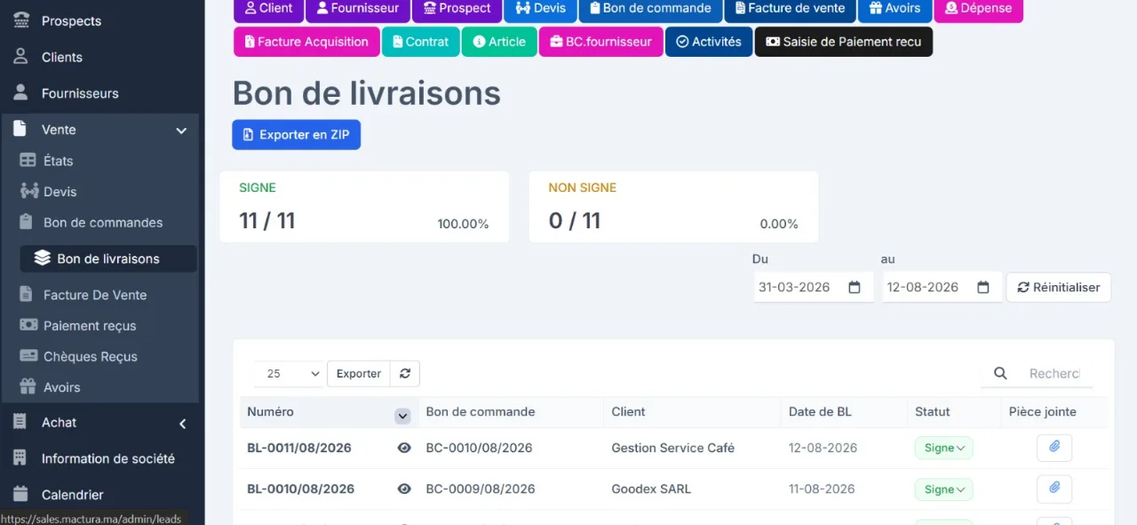 Bons de livraison : proportion signée sur émise, export groupé.